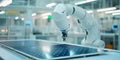 Automated robotic arm working on solar panel assembly in factory