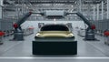 Automated robotic arms assemble a futuristic golden car body in a modern factory