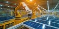 Automated robotic arms assembling solar panels in modern factory