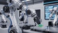 Automated robotic arms in a high-tech manufacturing facility handle a microchip Royalty Free Stock Photo