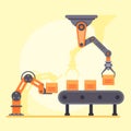 Automated robotic arms lifting and moving boxes on an assembly line inside a factory, representing automation, industry
