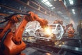 Automated Robotic arms line welding assembly car working at futuristic factory, industrial robots in automotive factory industry Royalty Free Stock Photo