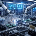 Automated robotic arms precisely assembling advanced tech components Royalty Free Stock Photo