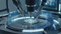 Robotic arms manufacturing microchip with futuristic hud interface