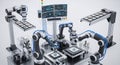Automated robotic arms working on microchips in a factory setting with computer monitors showing data Royalty Free Stock Photo