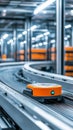 Automated robotic conveyors efficiently transporting goods in a modern warehouse, with a futuristic, advanced industrial
