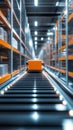 Automated robotic conveyors efficiently transporting goods in a modern warehouse, with a futuristic, advanced industrial