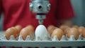 Automated robotic machine inspects eggs on production line. Precision technology sorts fresh eggs for quality control in food Royalty Free Stock Photo