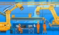Automated robotic production line, conveyor. Technical team works with technologies at factory