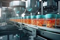 Automated Robotic vitamins, dietary supplements or medicine tablets Line. Pharmaceutical production plant indoors