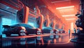 Automated robotics futuristic electric cars factory production line. Generate Ai.