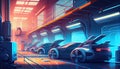 Automated robotics futuristic electric cars factory production line. Generate Ai.