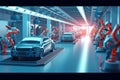 Automated robotics futuristic electric cars factory production line,Generative AI
