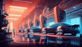 Automated robotics futuristic electric cars factory production line. Generate Ai.