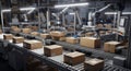 Automated Robotics in Industrial Warehouse Conveyor System Sorting Cardboard Boxes Production Line Under Bright Fluorescent Royalty Free Stock Photo