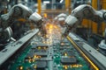 Automated robots assembling electronic circuits on a production line Royalty Free Stock Photo