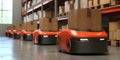 Automated Robots Transporting Cargo in Modern Warehouse Setting with Wooden Pallet Boxes