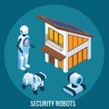 Automated Security And Surveillance Robots Protecting House, Vector Isometric Illustration. Artificial Intelligence.