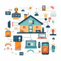 Automated smart home technology: Controlling household devices via an app, depicted in flat design on a white background