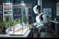 Automated smart robot chef grows healthy salad in vegan restaurant. Generative AI.