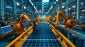 An automated solar panel production line. On both sides, there are orange-colored robotic arms that perform various panel assembly