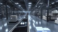Automated sorting process modern distribution center interior facility sleek environment wide-angle view efficiency concept