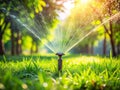 Automated Sprinkler System Watering a Pristine Lawn in a Peaceful Garden Setting: A Modern Approach