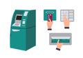 Automated teller machine and hand inserting credit card into ATM slot, entering pin code and taking banknotes or cash