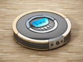 Automated vacuum cleaner on wooden floor. 3D illustration