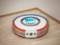 Automated vacuum cleaner on wooden floor. 3D illustration