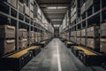 automated warehouse with AGVs moving autonomously to transfer boxes AI generated