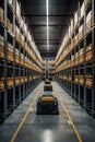 automated warehouse with AGVs moving autonomously to transfer boxes AI generated