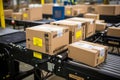 Automated warehouse with continuous package flow, showcasing e commerce and delivery services