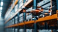Automated warehouse with drones, robotic systems, and AI technology, futuristic and efficient storage