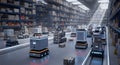 Automated warehouse featuring advanced robots transporting Royalty Free Stock Photo