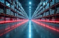 Automated warehouse interior at night with glowing light trails and stacked storage shelves. High tech logistics center with Royalty Free Stock Photo
