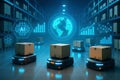 Automated warehouse with robotic carriers, AI graphics, and global data visualization logistics automation Royalty Free Stock Photo