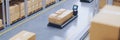 An automated warehouse with a robotic forklift moving boxes on a conveyor belt This represents modern efficient logistics and