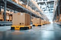 Automated warehouse with robotics navigating cardboard boxes on shelves Royalty Free Stock Photo