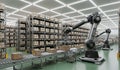 Automated warehouse robots efficiently managing inventory on conveyor belts and shelves Royalty Free Stock Photo
