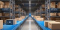 The automated warehouse showcasing organized boxes on conveyor belts. AI generated image Royalty Free Stock Photo