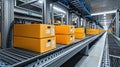 Automated warehouse system with conveyor belts and yellow boxes for efficient logistics and inventory management