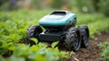 Automated weeding robot with precision blades removing garden weeds