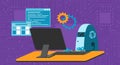 Automated work of software, business project development, robot using keyboard at table
