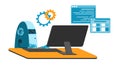 Automated work of software, business project development, robot using keyboard at table