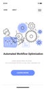 Automated workflow optimization concept with gears and person interacting with interface thin line style mobile app