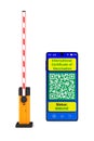 Automatic barrier and digital passport of vaccination in phone on white background. Isolated 3D illustration