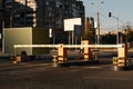 Automatic barrier gates for supermarket parking lot. Security system for car park entry to shopping mall. Vehicle