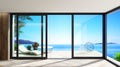 Automatic black sliding doors sea villa patio facade mockup