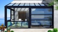 Automatic black sliding doors sea villa patio facade mockup